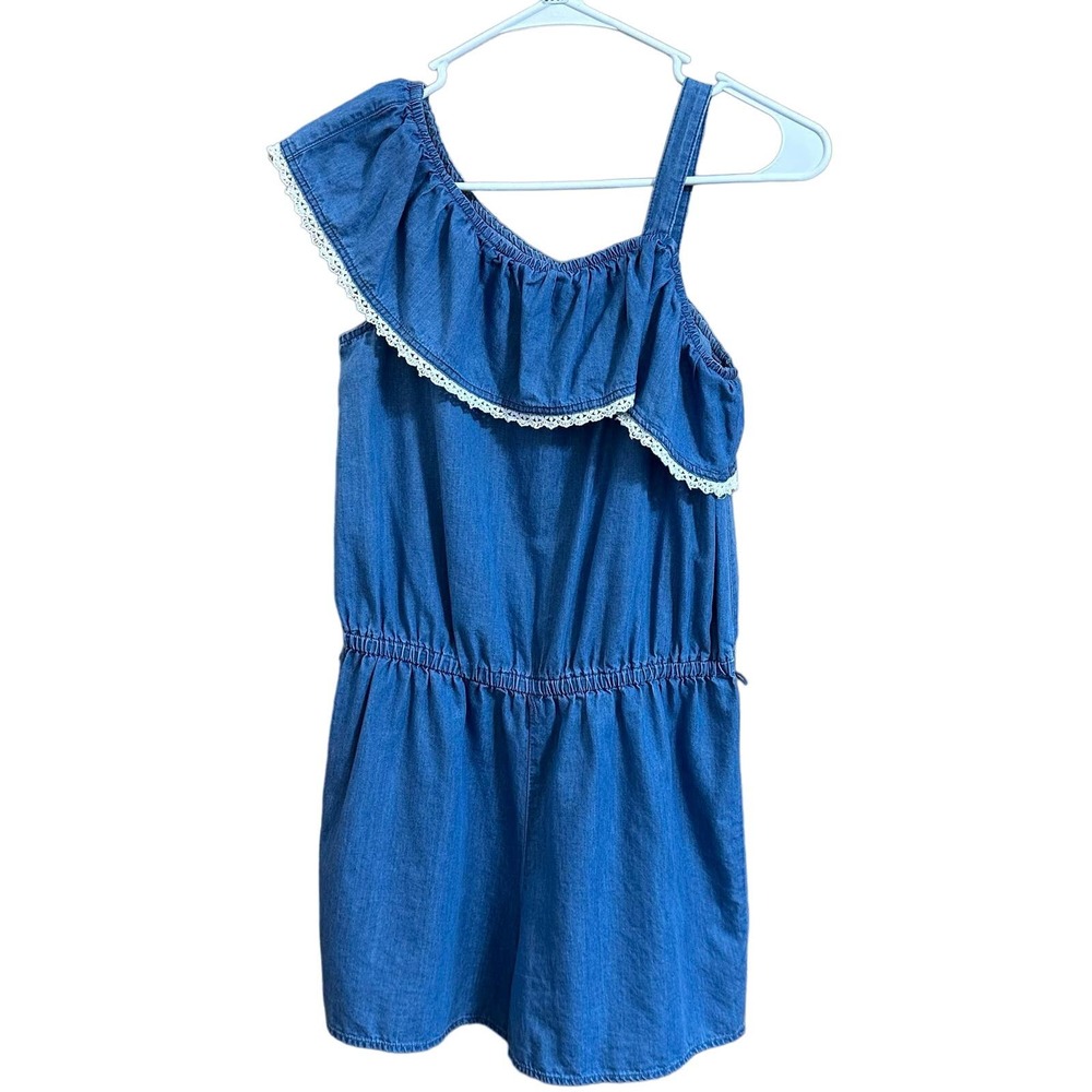 Justice Girls Sz 16 Blue Romper Cold Shoulder Crochet Trim
